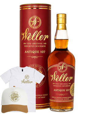 W.L. Weller 7 Year Old "Cigar Cut" Antique 107 Kentucky Wheated Bourbon Whiskey 700mL + Complete Tee & Cap Bundle