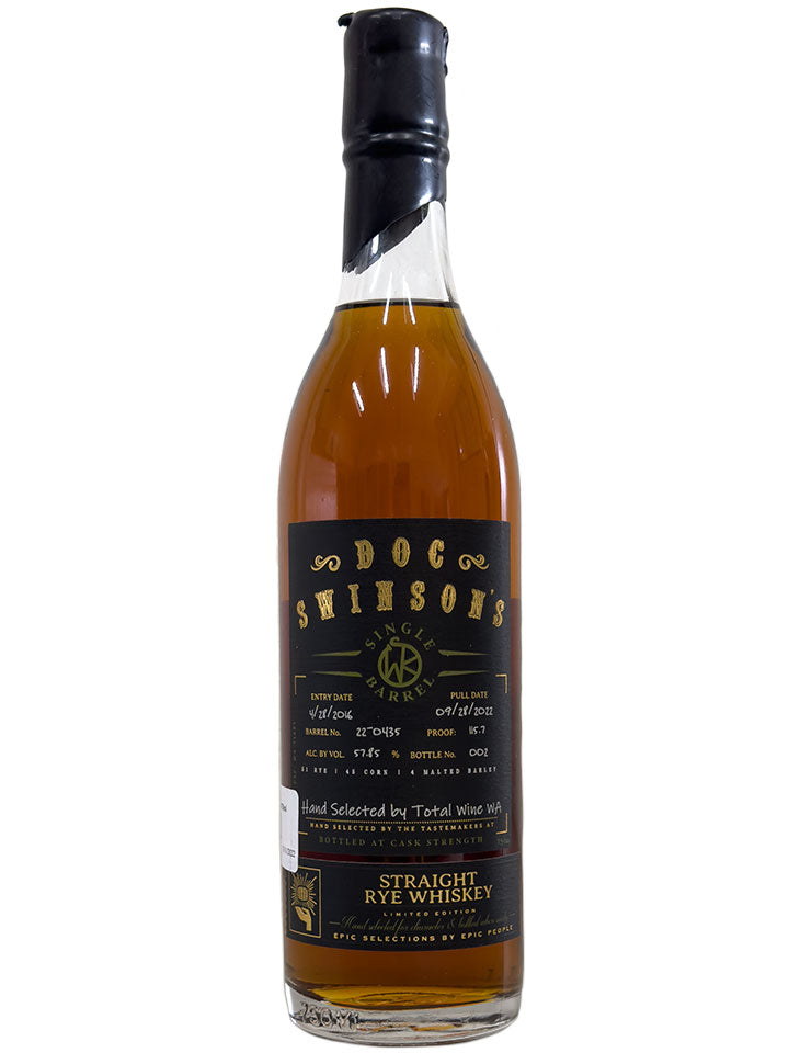 Doc Swinson's 6 Year Old Single Barrel Cask Strength Straight Rye Whiskey 750mL