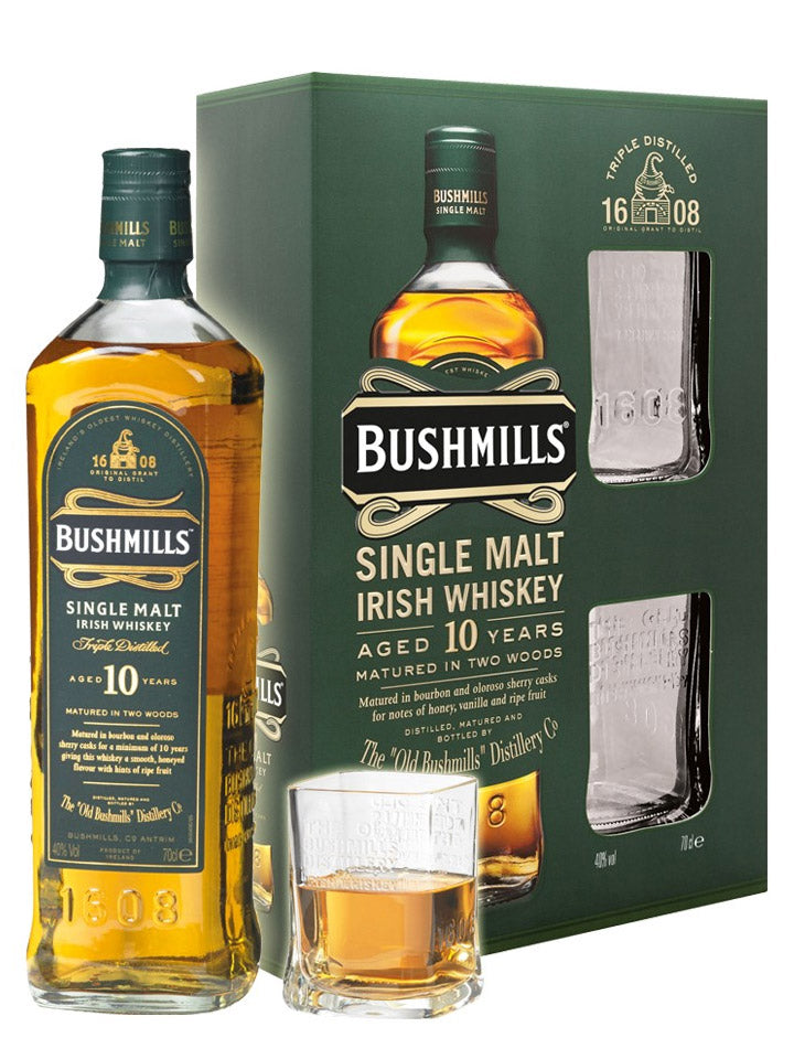 Bushmills 10 Year Old + 2 Glasses Gift Pack Single Malt Irish Whiskey 700mL